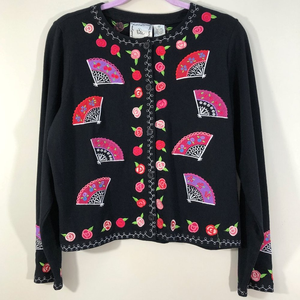 Vintage MICHAEL SIMON LITE Roses & Fans Embroidered Cotton Cardigan M